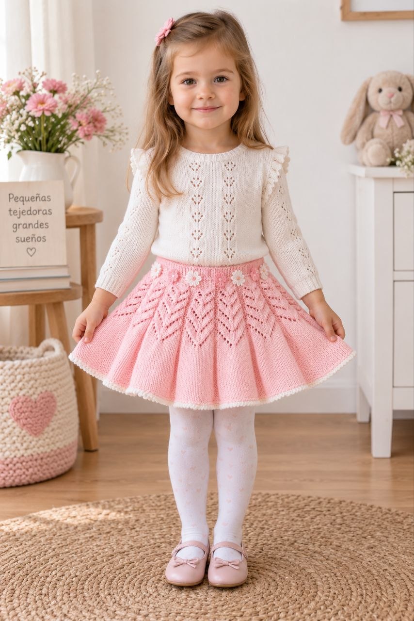 Niña con la falda rosa calada terminada y combinada con un jersey blanco