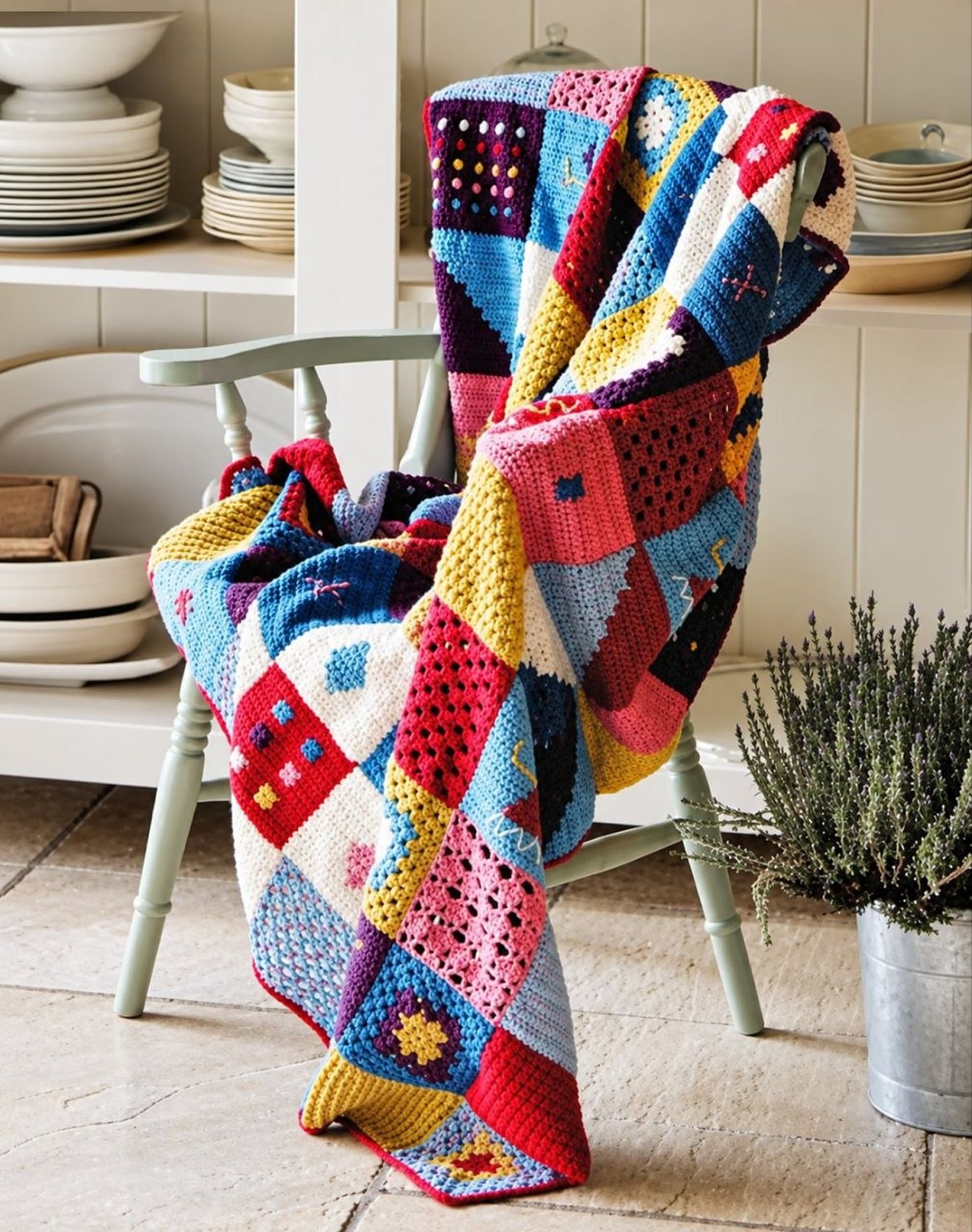 Manta de ganchillo hecha con cuadrados de colores sobre una silla
