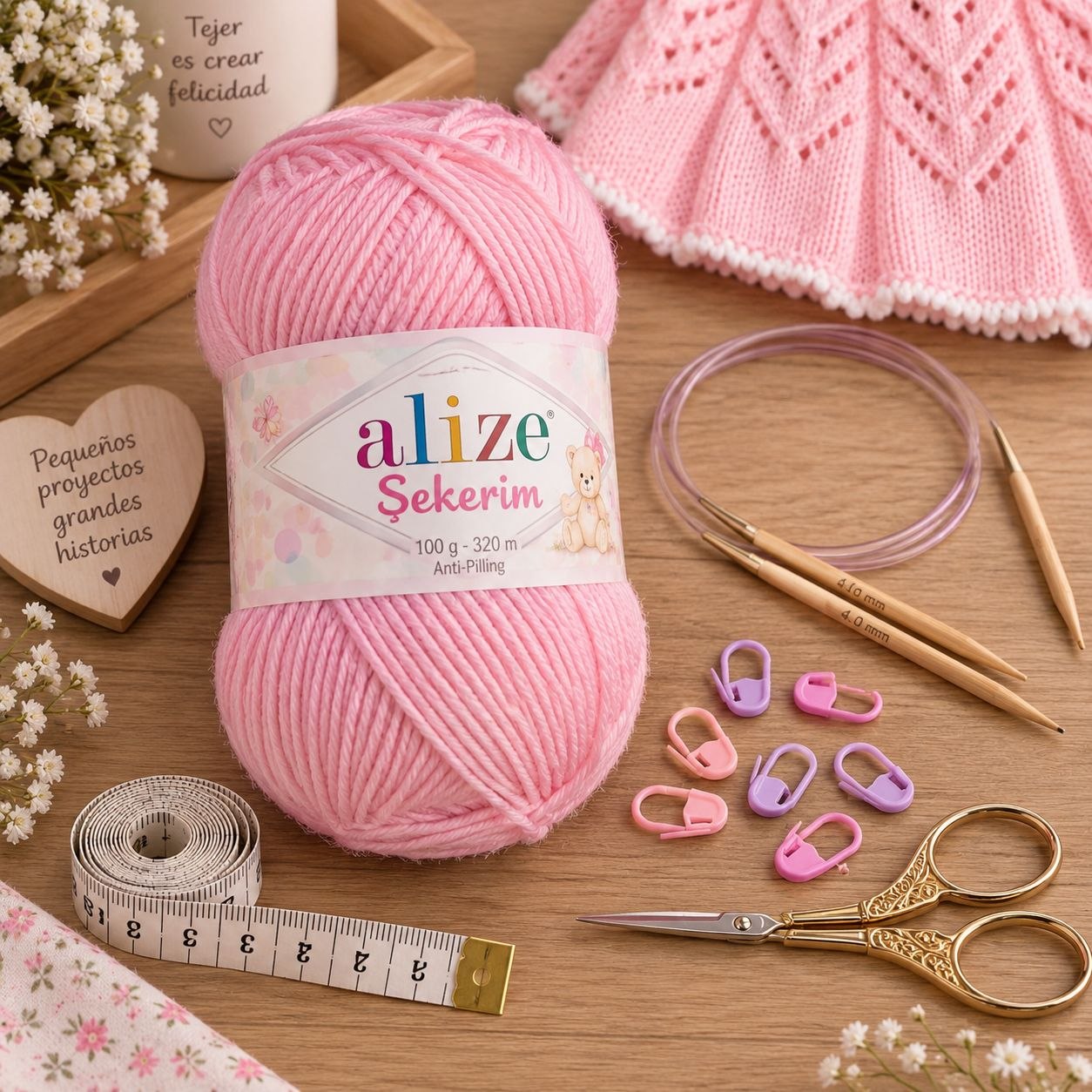 Ovillo rosa, agujas circulares, marcadores, cinta métrica y tijeras para tejer la falda